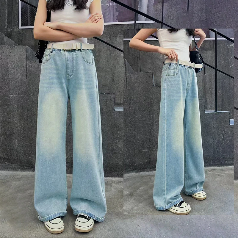 春季新款2025女孩中大童青少年装韩版牛仔裤长裤阔腿裤直筒裤青春