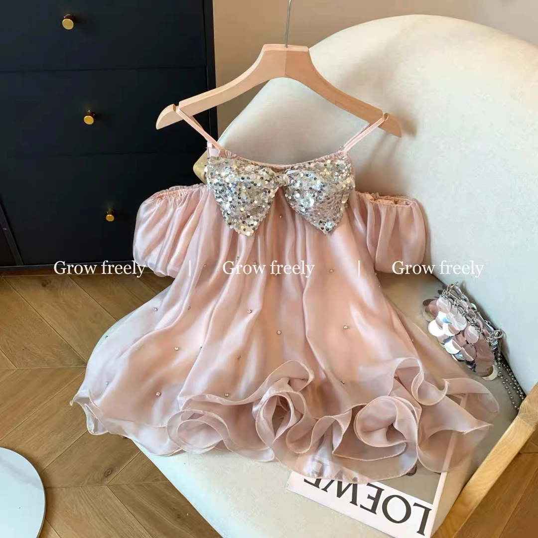 （xY定制）轻奢高端货~温柔风露肩亮片立体蝴蝶结钉钻超仙吊带女夏