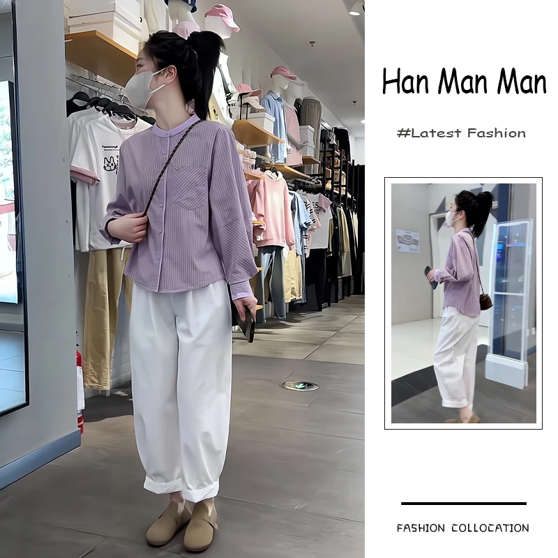 夏季流行穿搭一整套新款2025韩系轻熟风显瘦条纹衬衫阔腿裤两件套