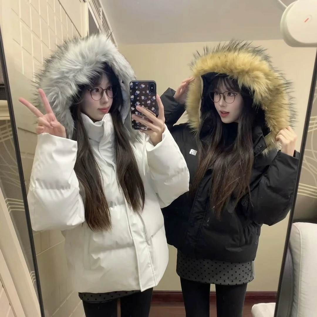 F家毛边连帽羽羽服保暖情侣装外套