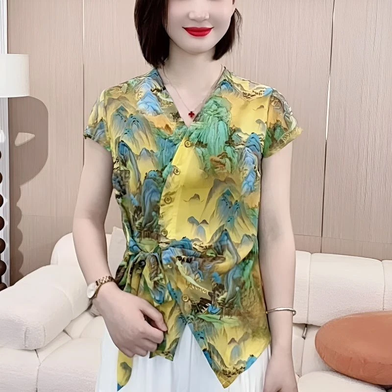 V领不规则系带短袖衬衫女2025夏季款时尚扎染山水画气质显瘦上衣