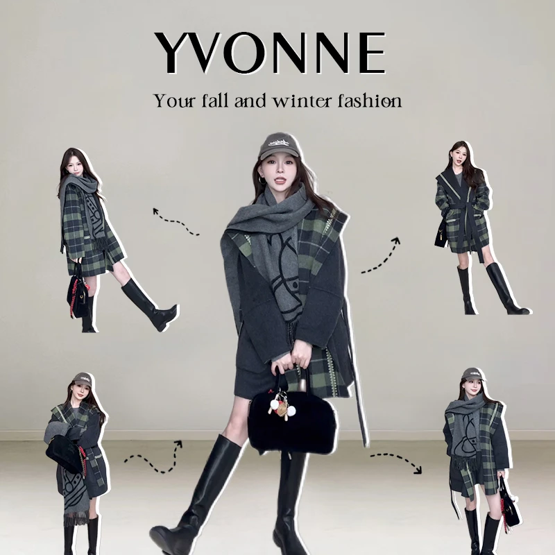 ISYVONNE / 普拉多街区 阿尔巴卡羊驼绵羊毛限定格纹双面呢大衣