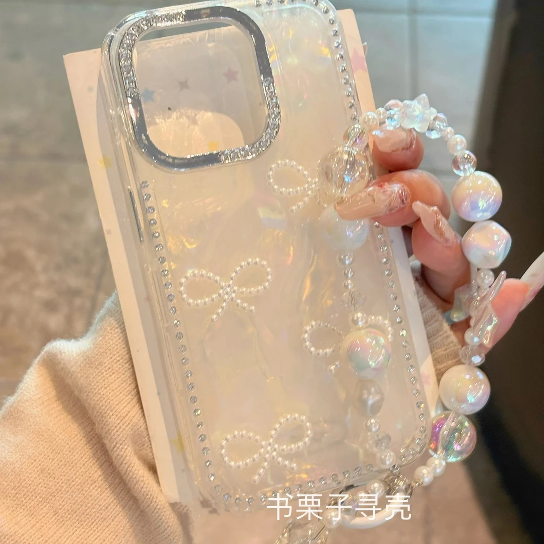 INS奢华珍珠蝴蝶结贝壳纹适用iPhone16promax苹果15手机壳14/13女