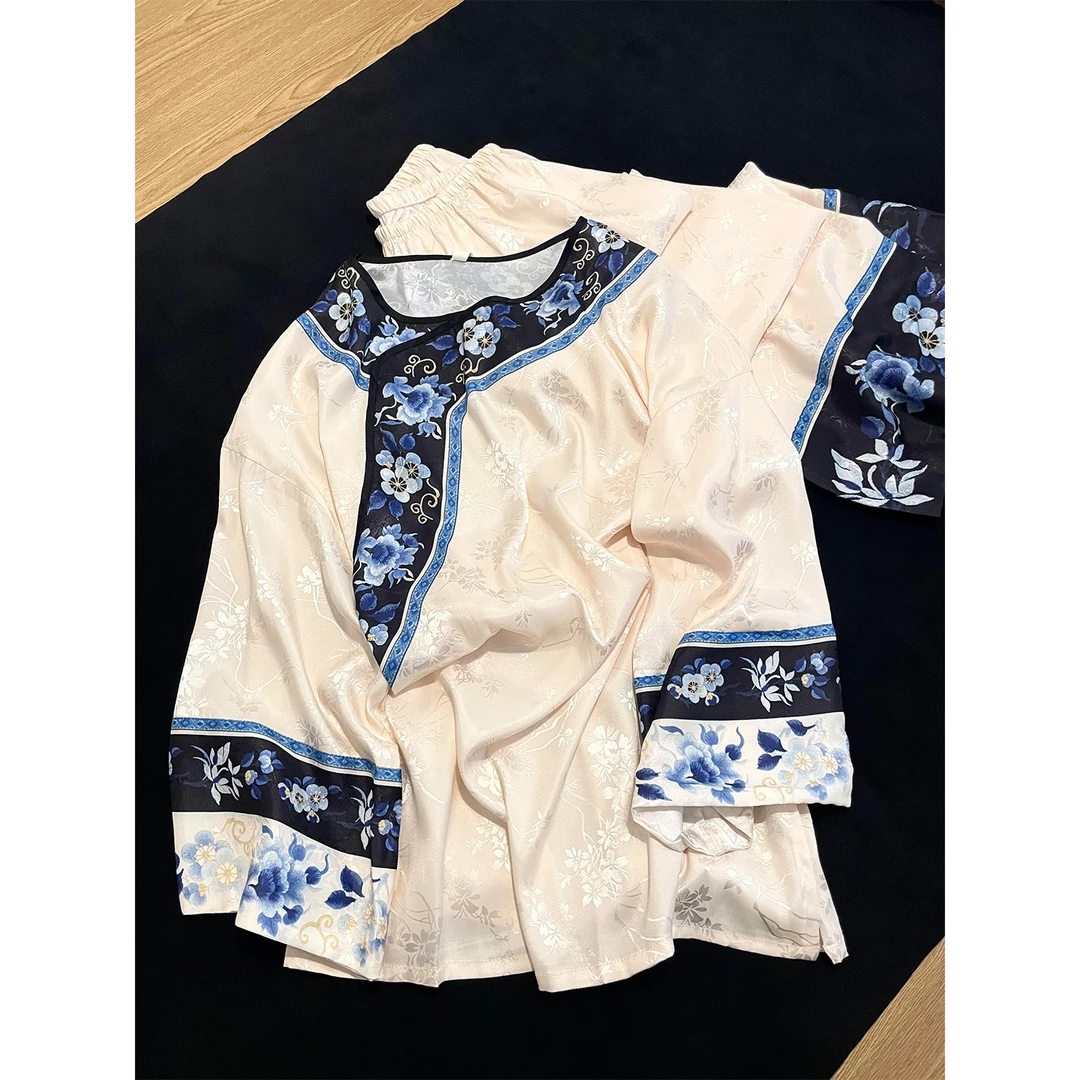 高级感花卉冰丝宫廷风睡衣女春秋款新中式国风大码长袖家居服套装