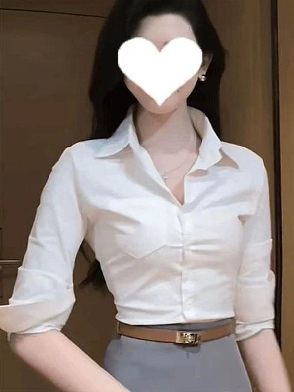 春夏新款高级感薄款Polo领长袖修身收腰气质女装衬衫