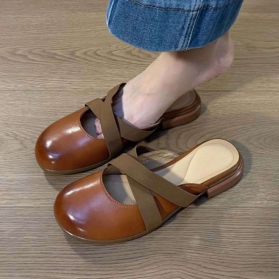 夏季复古新款气质包头拖真皮绑带软皮软底圆头小众擦色半拖鞋外穿