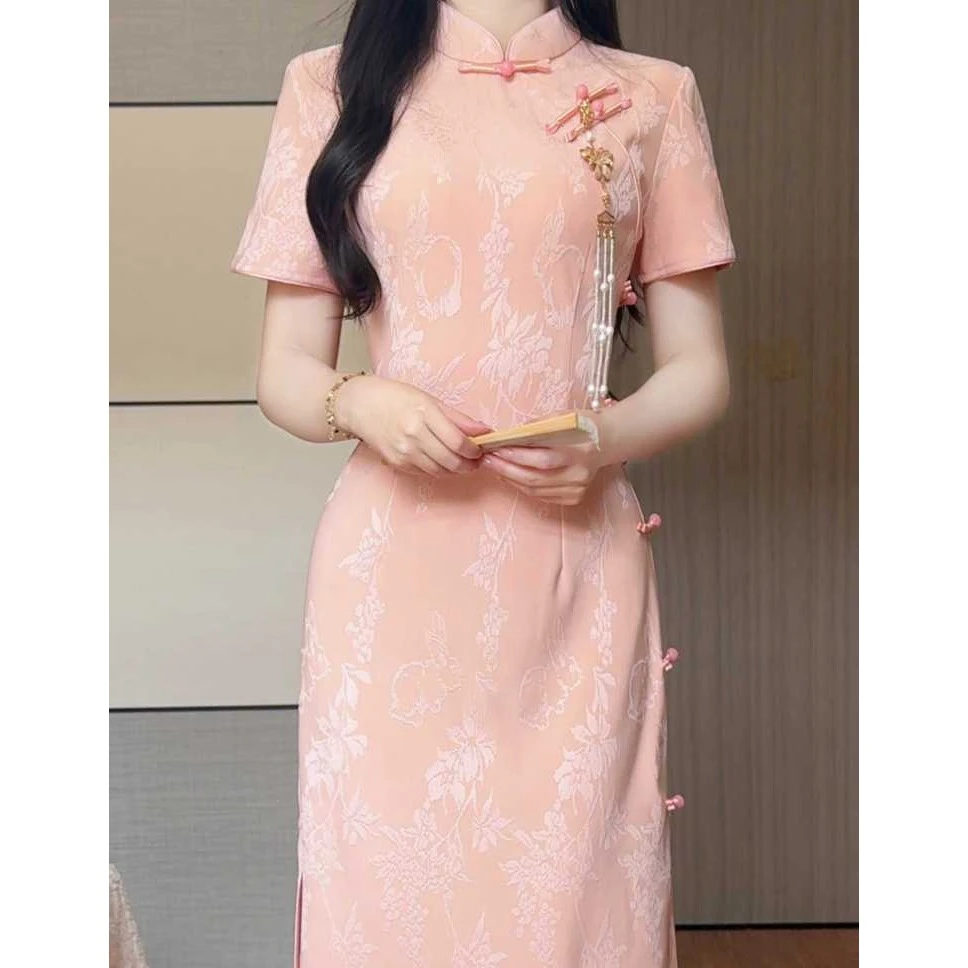 2025年夏季新款粉色提花改良旗袍气质优雅少女新中式日常百搭裙子