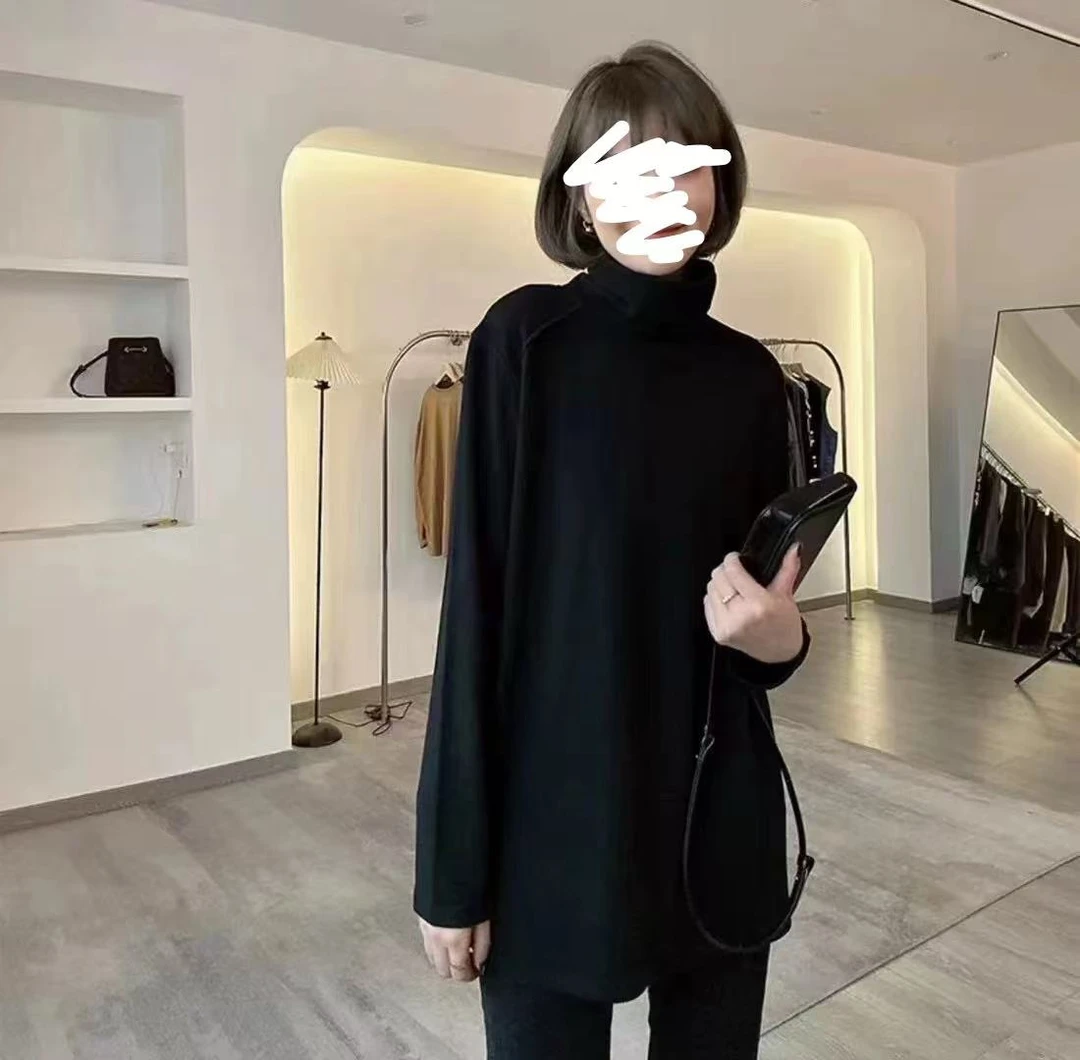 胖mm大码秋冬长袖磨毛弹力宽松纯色条高领打底上衣百搭休闲套头