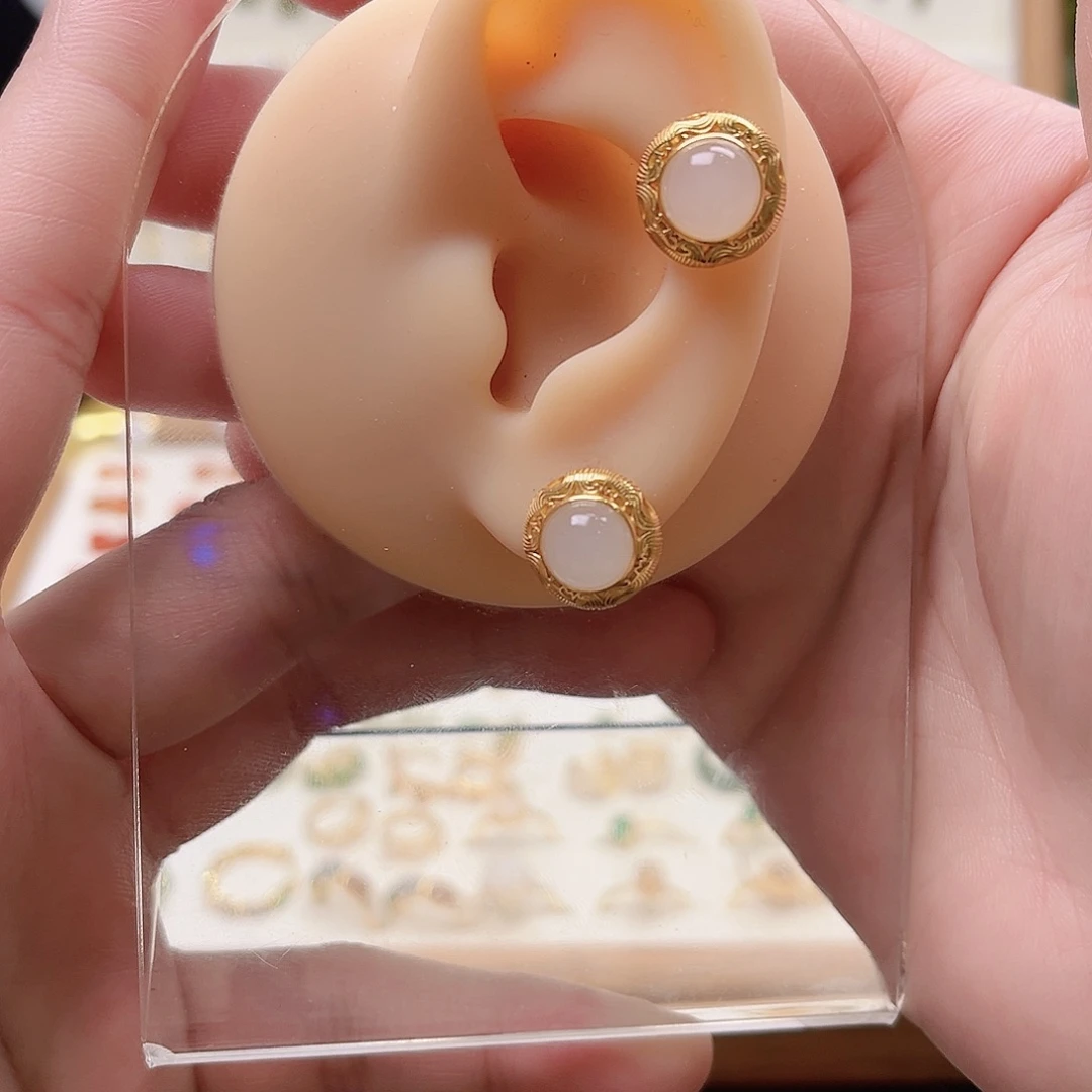 和田玉银S925镶嵌耳饰