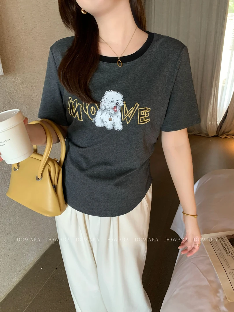 现货6647D大婉酱肉肉微胖【简约随性】圆领新款宽松休闲小狗印花T恤