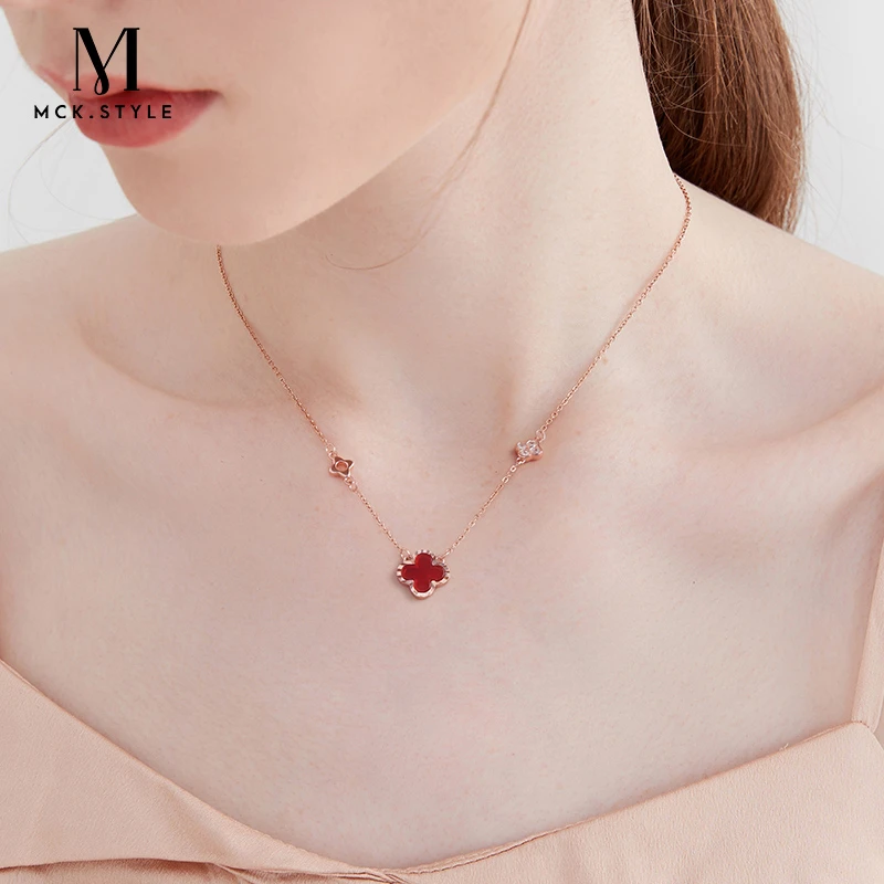 红色黑色玛瑙四叶草项链女款高级感小众锁骨链生日礼物送女友老婆