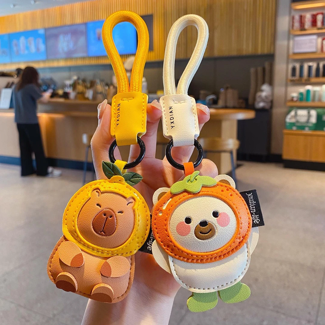 卡通皮革水果头套水豚钥匙扣挂件精致萌宠白熊情侣钥匙链圈包挂饰
