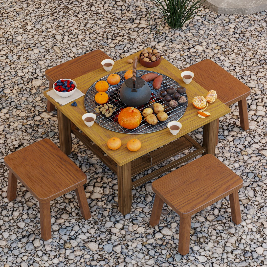 围炉煮茶桌实木家用烤火桌炭火桌冬季取暖炉烧烤桌火锅桌庭院茶台