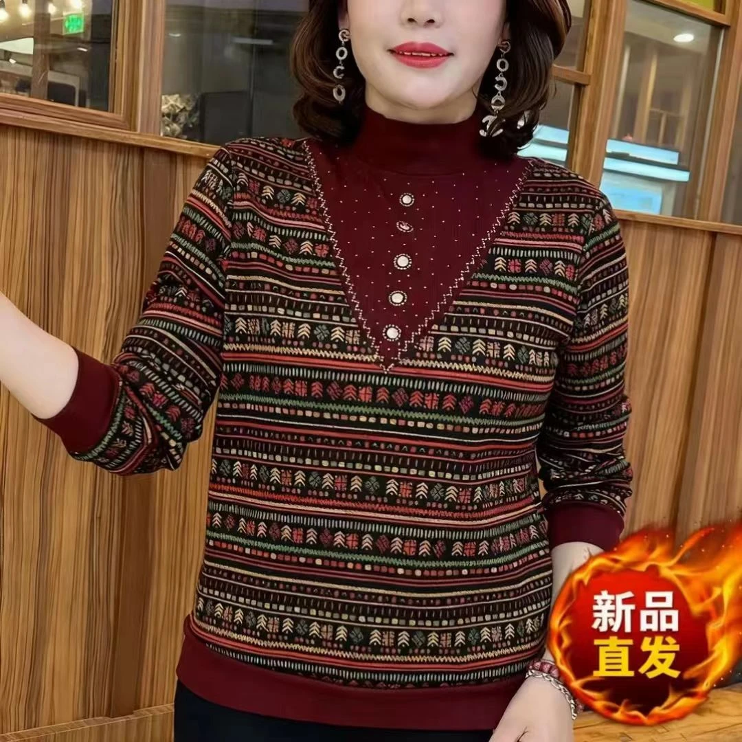 【爆款热卖】秋冬新款印花潮流百搭休闲打底衫时尚半高领女妈妈装