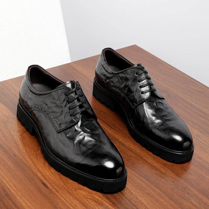 舒适软皮手抓纹皮鞋男英伦休闲厚底正装商务德比鞋真皮增高男鞋子