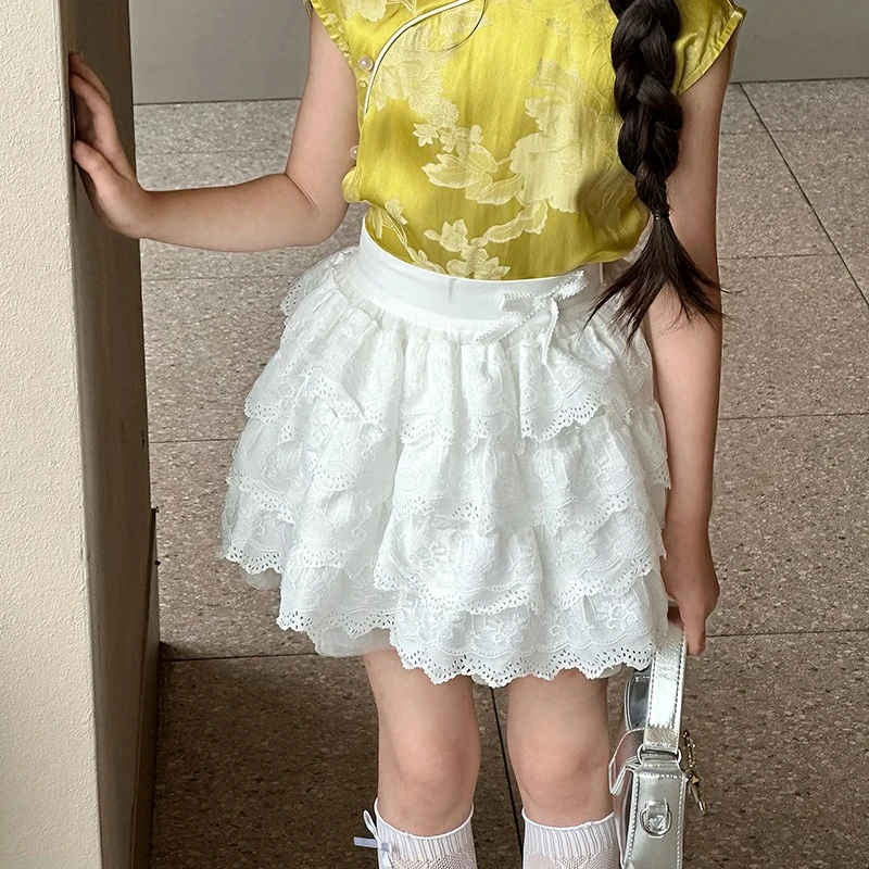 彩虹朵朵女童夏款清新蕾丝边半身裙百搭蛋糕裙儿童蓬蓬裙时髦裙子