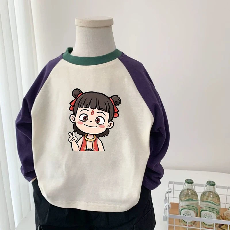 哪吒魔童新款搞怪小中大卡通春秋男女儿童T恤圆领拼色长袖宽松