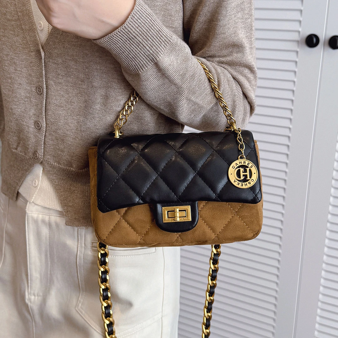 日常通勤菱格链条小包包2025拼接麂皮超火爆款韩系ins手提斜挎包