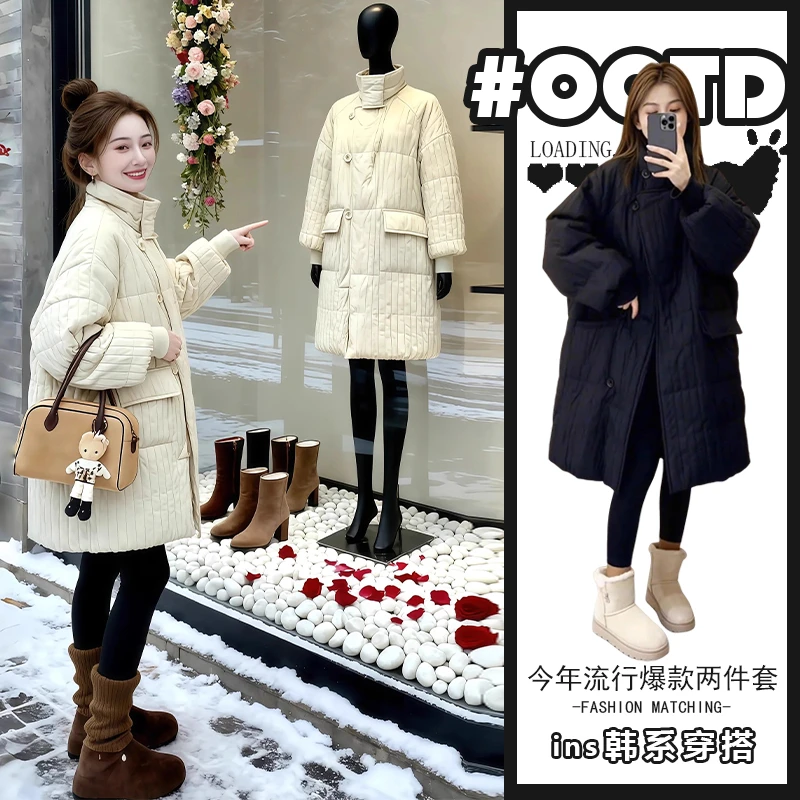 设计感别致纯色简约棉服外套女冬季新款美式宽松显气质中长款棉衣