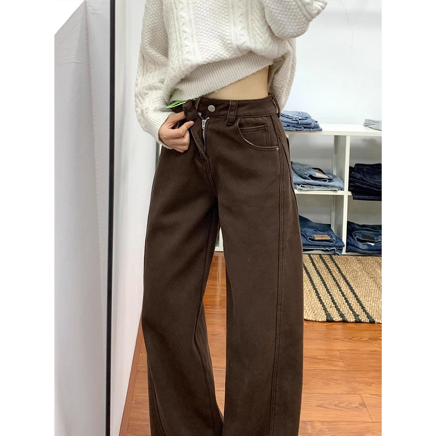 棕色阔腿牛仔裤女秋冬加绒加厚胖mm大码梨型身材宽松显瘦直筒裤子