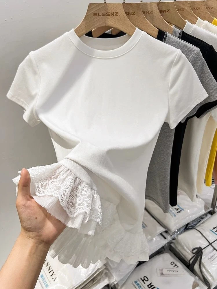 蕾丝拼接白色短袖t恤女夏季新款洋气设计感小众夏装休闲上衣