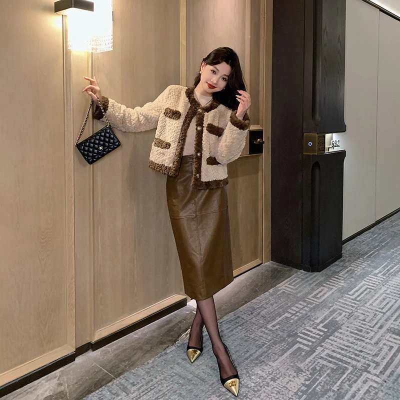 林关关 咖啡色皮裙高级感半身裙春秋气质高腰半身长裙子