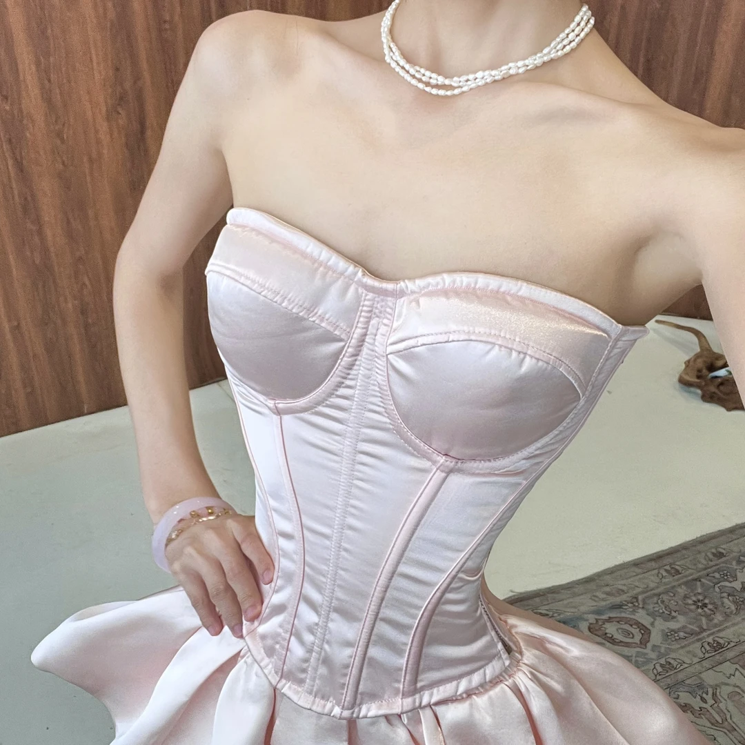 25801-（带胸垫）华缎粉提花法式真鱼骨复古高级感抹胸