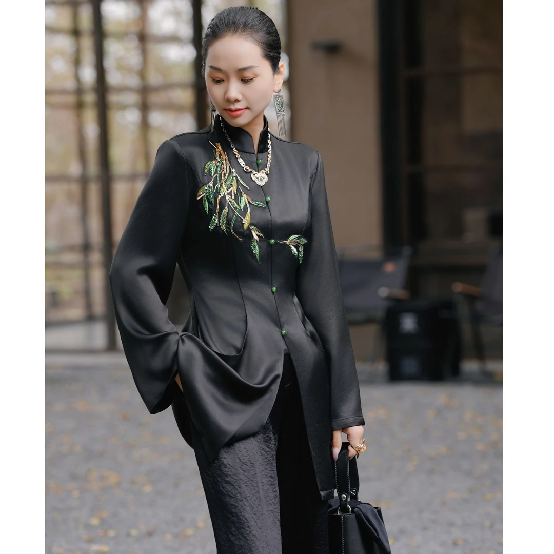 爱妃原创【玉叶】新中式2025春季衬衫重工收腰中长款国风衬衣86519