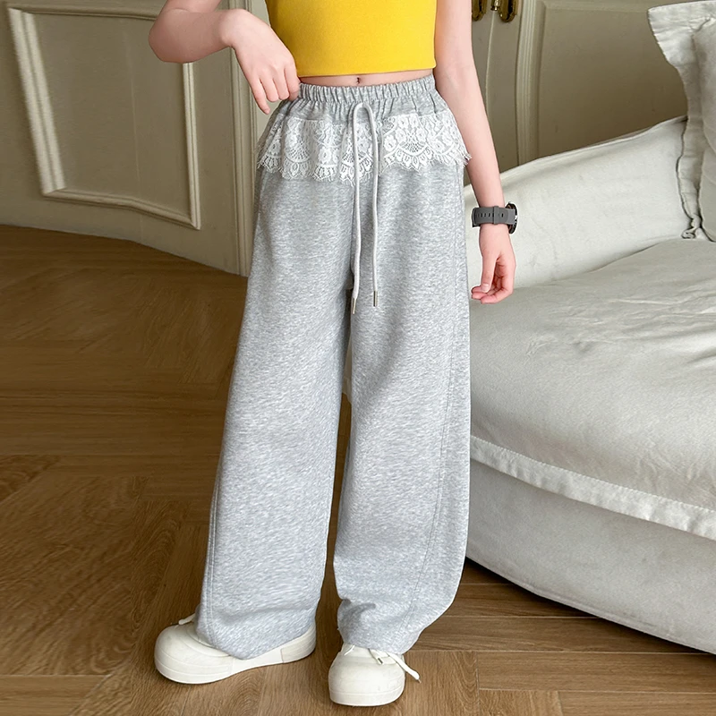 女童蕾丝花边休闲裤时尚洋气儿童2025新款裤子韩范甜美卫裤直筒裤