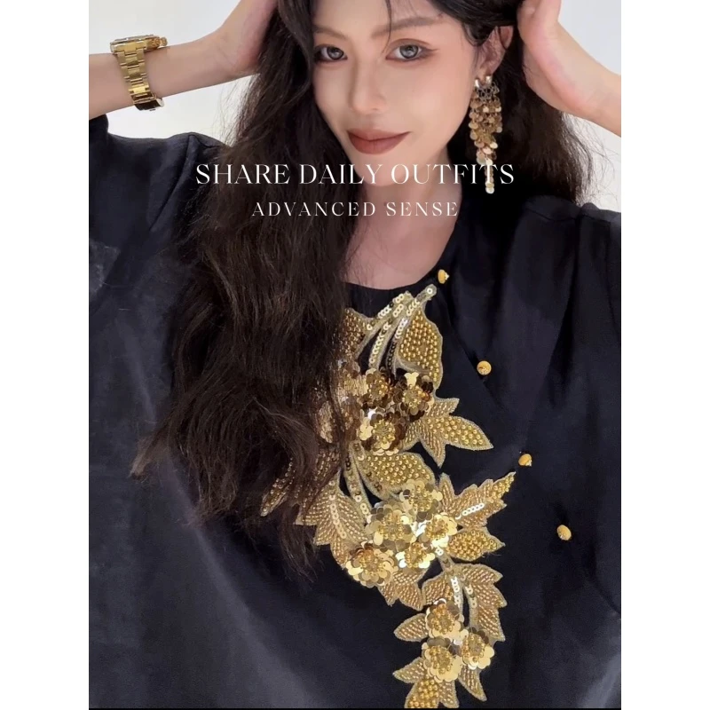 高温妮【金枝玉叶】藏青色复古重工珠片绣亚麻中式上衣 5e52449