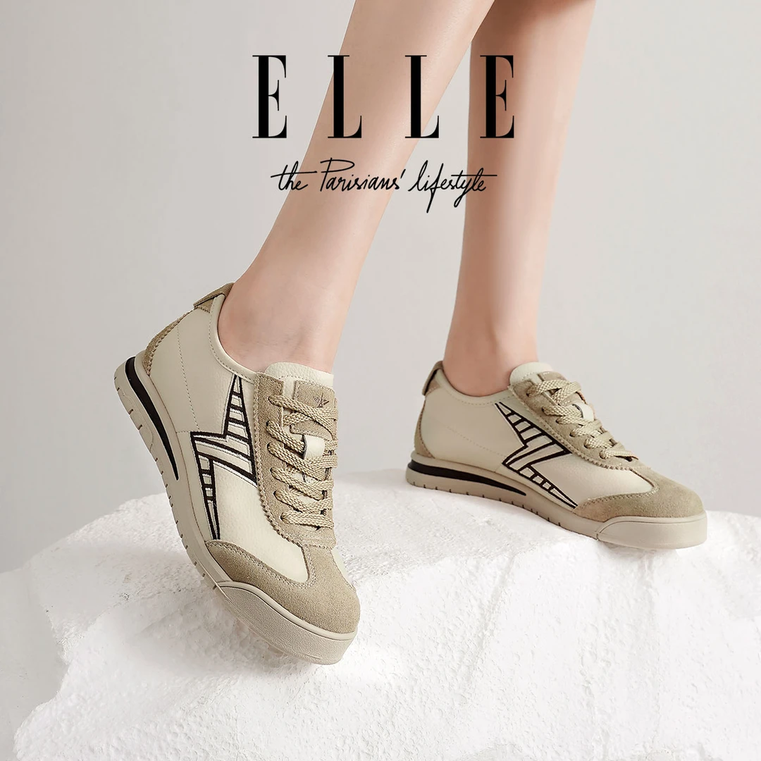 ELLE港风复古拼色平底板鞋女2025秋款爆款真皮德训鞋不累脚阿甘鞋