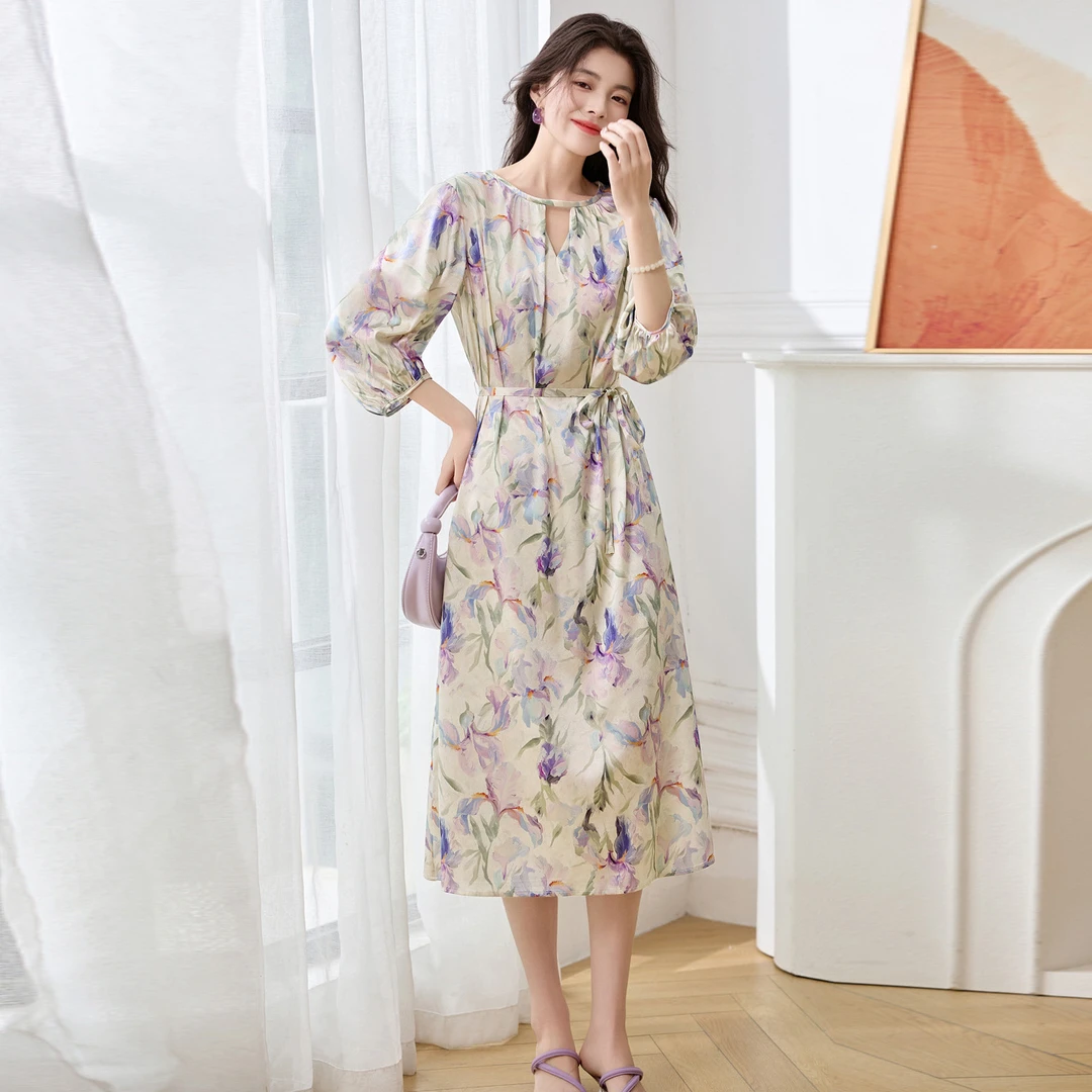 重磅真丝连衣裙女2025新款夏季印花性格韩版宽松显瘦系带桑蚕丝裙