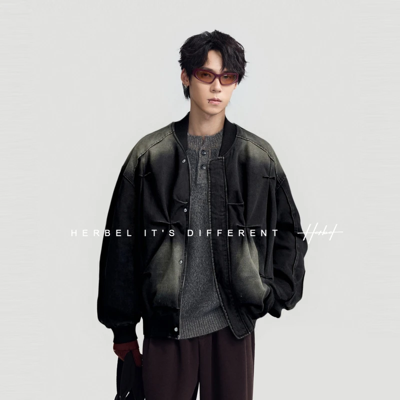 HERBEL/黑白 短款羽绒服男士2025年冬季棒球领设计牛仔风羽绒外套