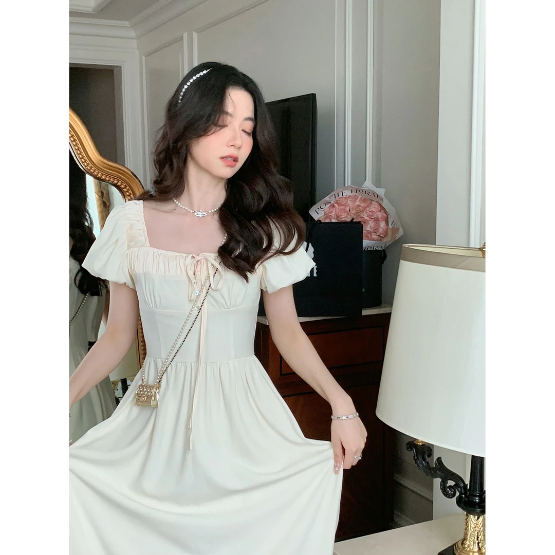 【品牌撤柜款ZB】法式温柔风方领连衣裙女夏小众设计感LZ00602