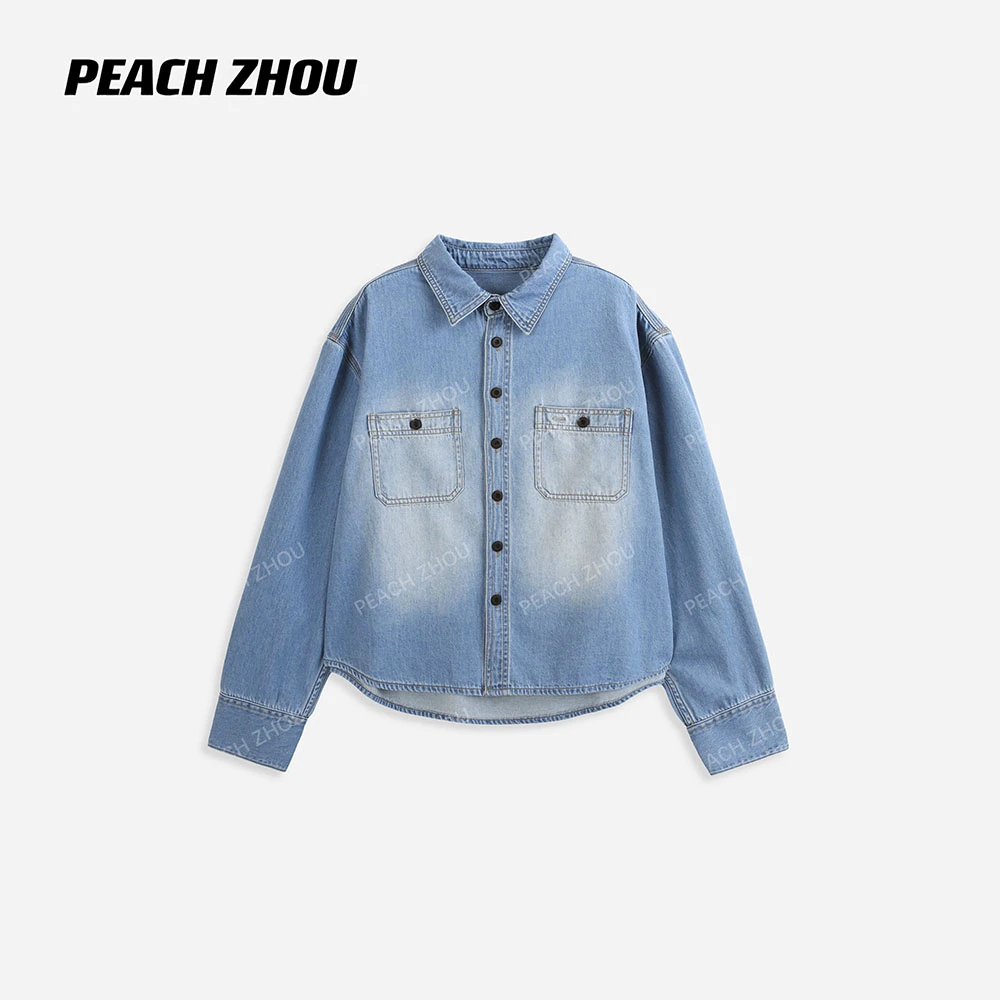 『PEACHZHOU』超柔赛络纺水洗贴袋宽松休闲翻领短款长袖牛仔衬衫女