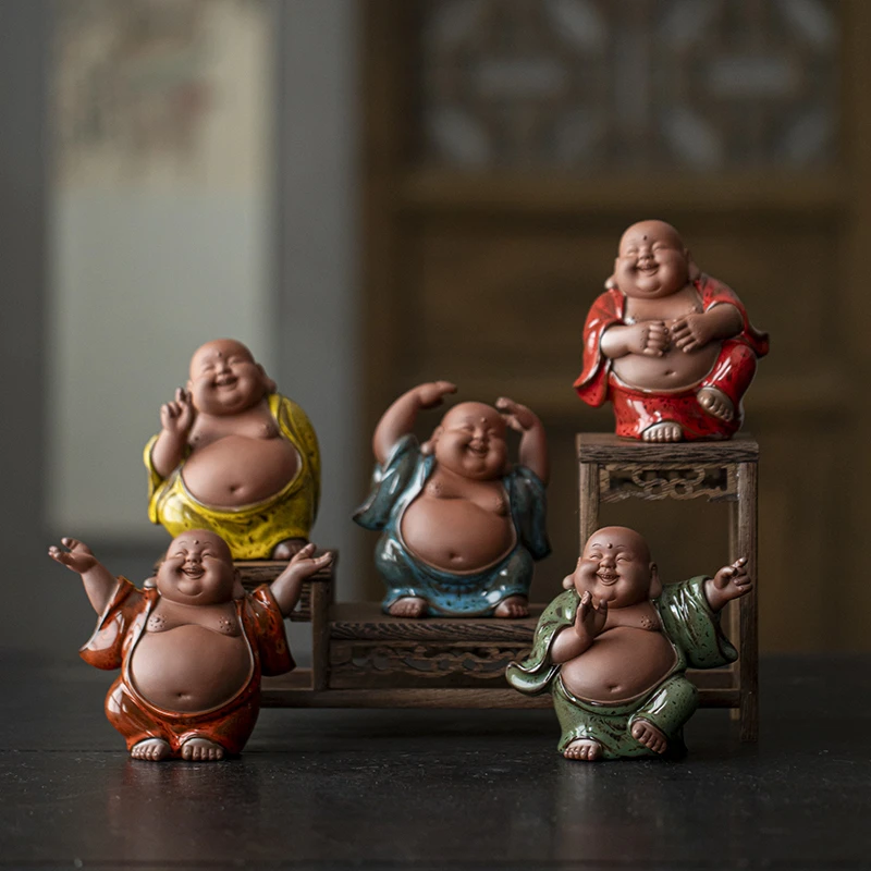 可爱大肚弥勒佛陶瓷摆件开心笑佛禅意茶室客厅招财佛像装饰品摆设