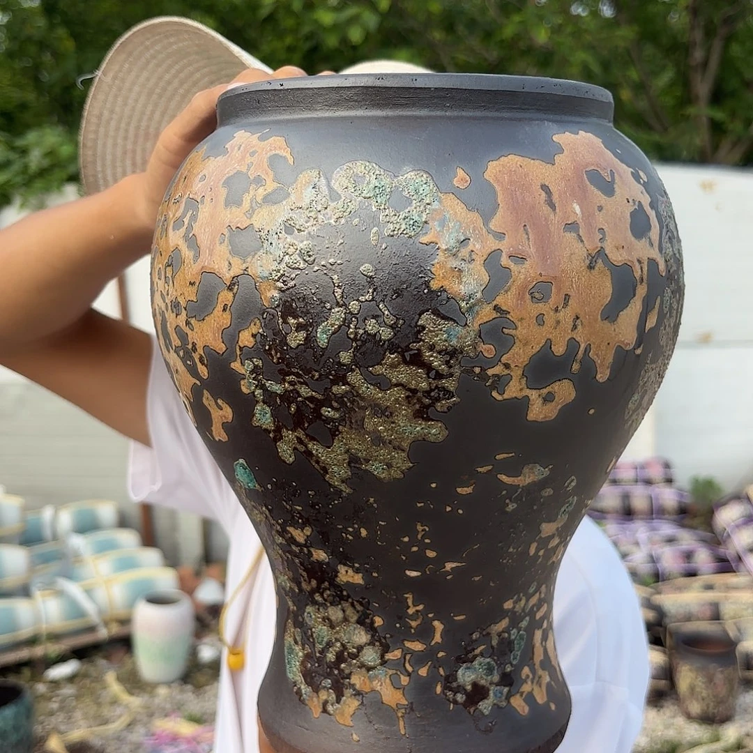 花盆紫砂油画鱼尾一个口径16*27