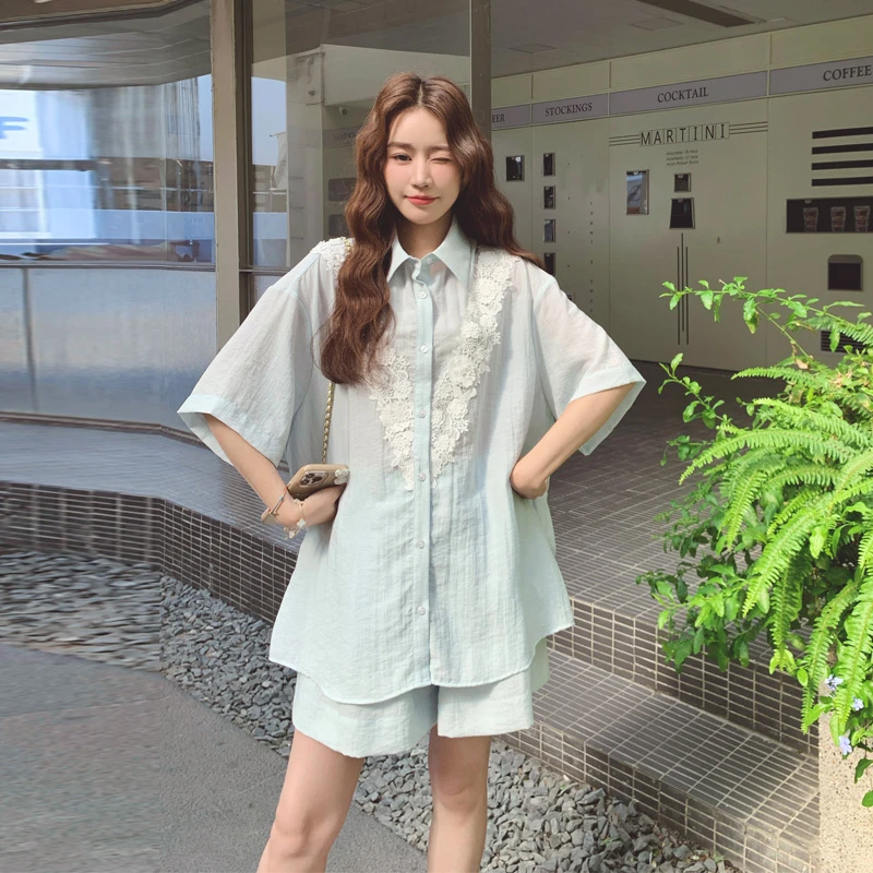 蕾丝花边防晒衬衫短裤套装2025夏季新款韩版宽松小众ins风两件套