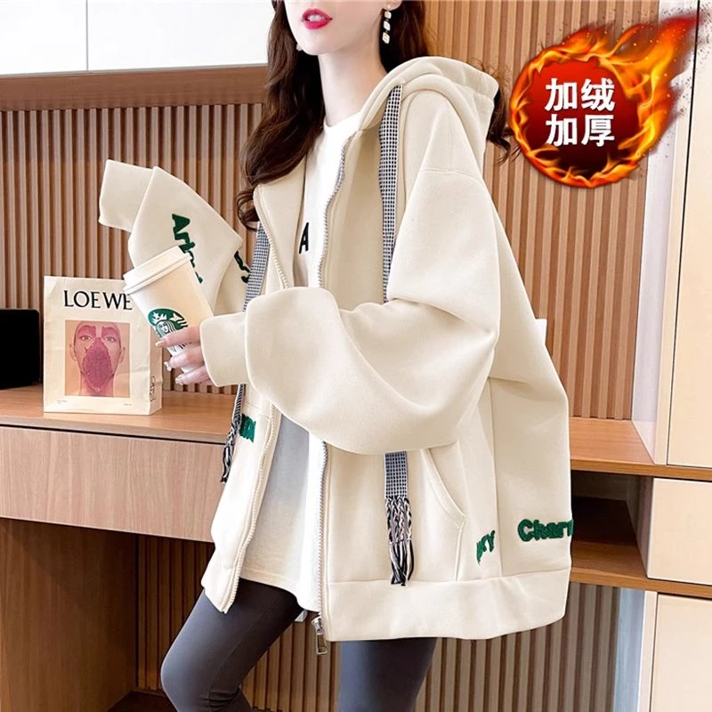 刺绣字母拉链薄款卫衣女秋冬新款韩版宽松大码设计感加绒上衣外套