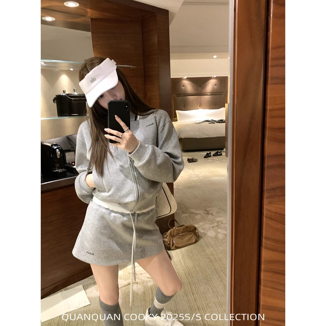 圈圈cooky 揣福女孩 韩系学院灰外套半裙套装L1008A-W、L1008A-H