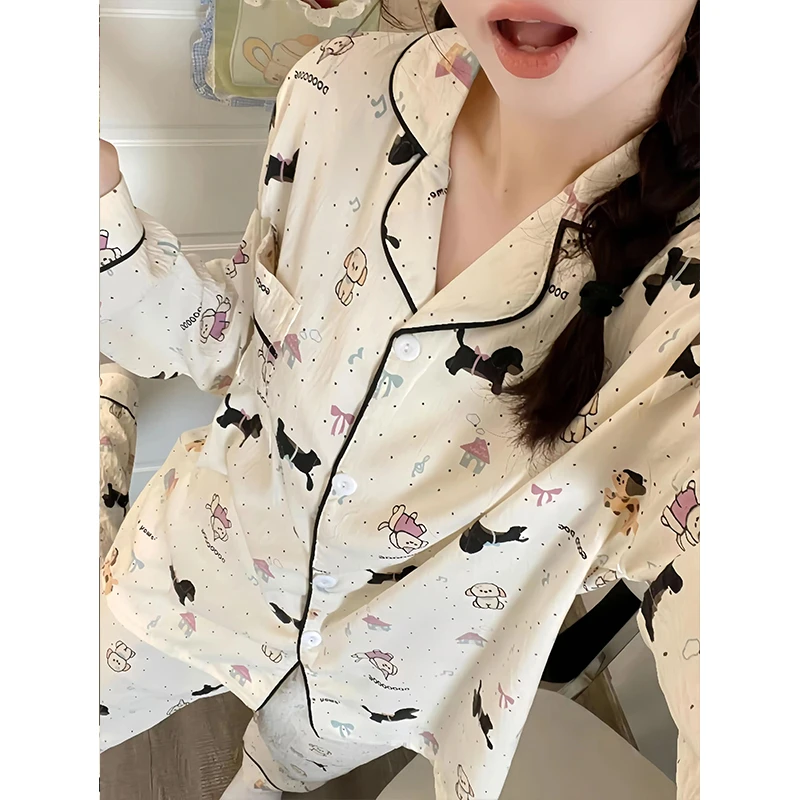 杏色波点狗狗印花可爱韩版简约春秋季时尚翻领睡衣女2025新款长袖