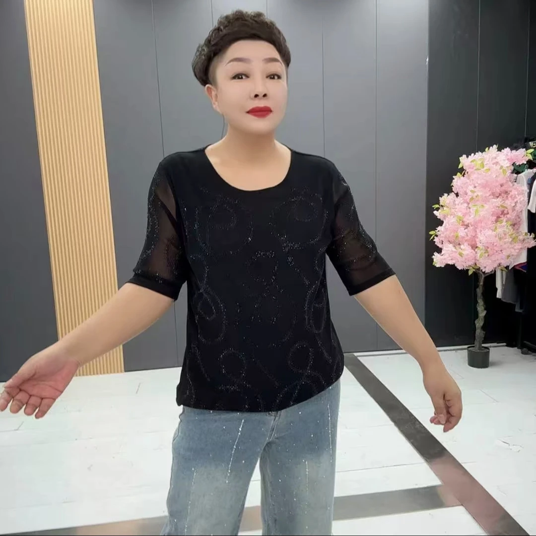 8055大码女装春季新款时尚显瘦小衫条形钻圆领分袖打底上衣