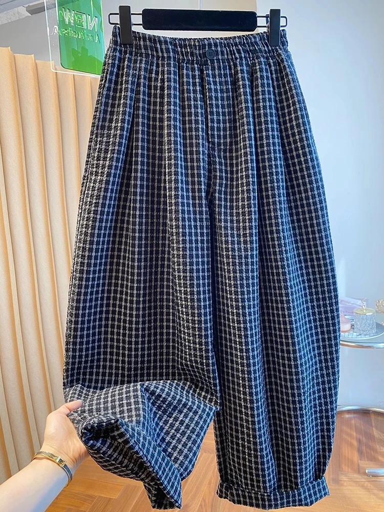 高级感格子哈伦裤女夏薄款2025新款宽松休闲百搭阔腿裤九分气球裤