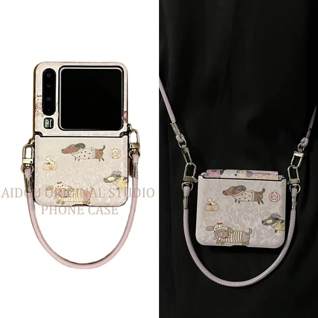 卡通腊肠狗适用华为purax折叠手机壳包中轴小米mixflip2个性斜跨