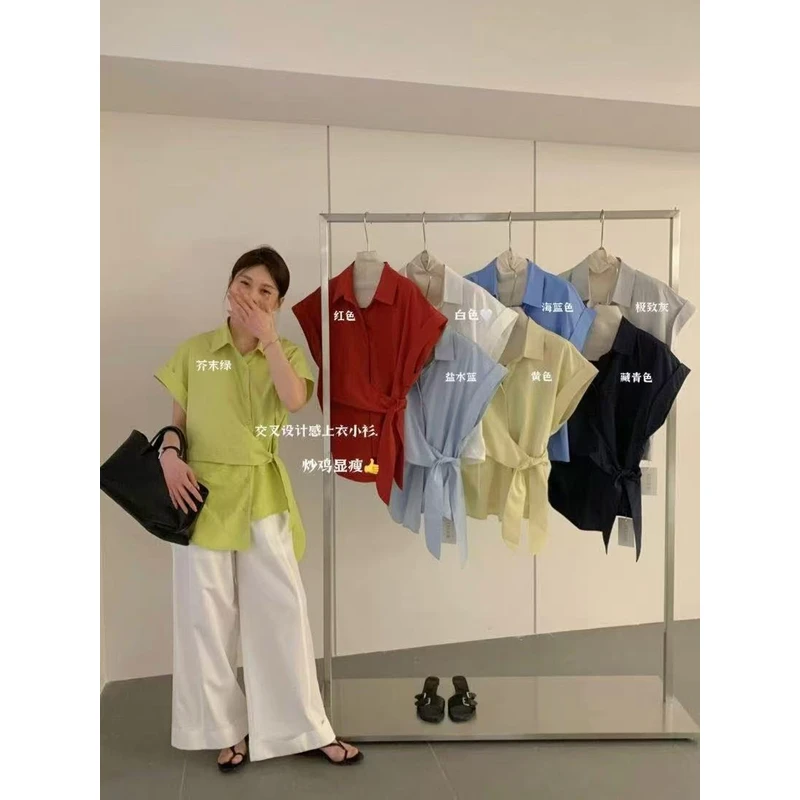 【NO退NO换】韩系交叉设计感系带翻领衬衫73178 衣长68