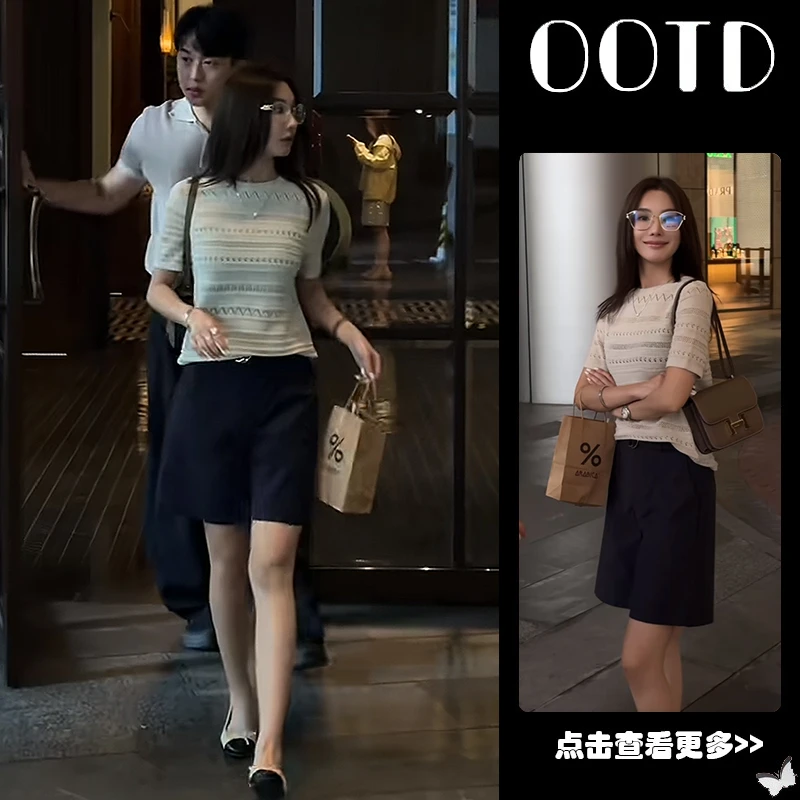 夏季流行穿搭一整套女2025新款韩版镂空短袖针织衫阔腿短裤两件套