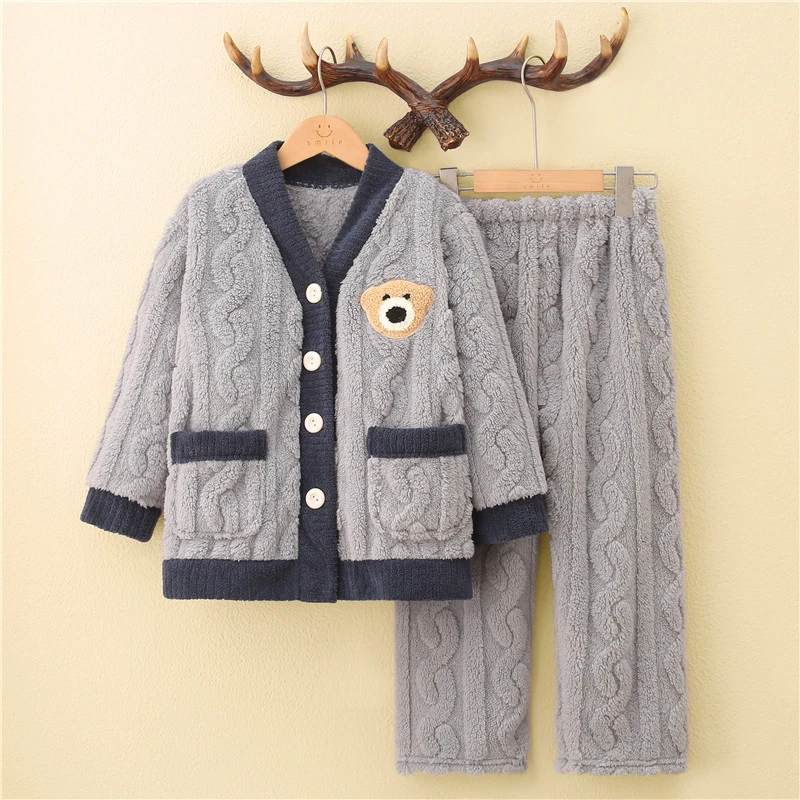 秋冬季睡衣男童珊瑚绒加绒加厚宝宝男孩套装中大童儿童家居服服装
