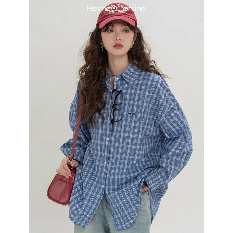LOVEHEYNEW韩系休闲松弛感慵懒风刺绣格子衬衫女2025春季-4D1185