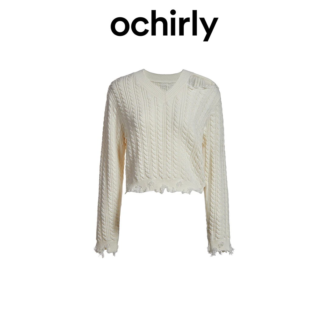 五五绵羊毛宽松毛衣 OCHIRLY欧时力春装上衣磨边复古V领
