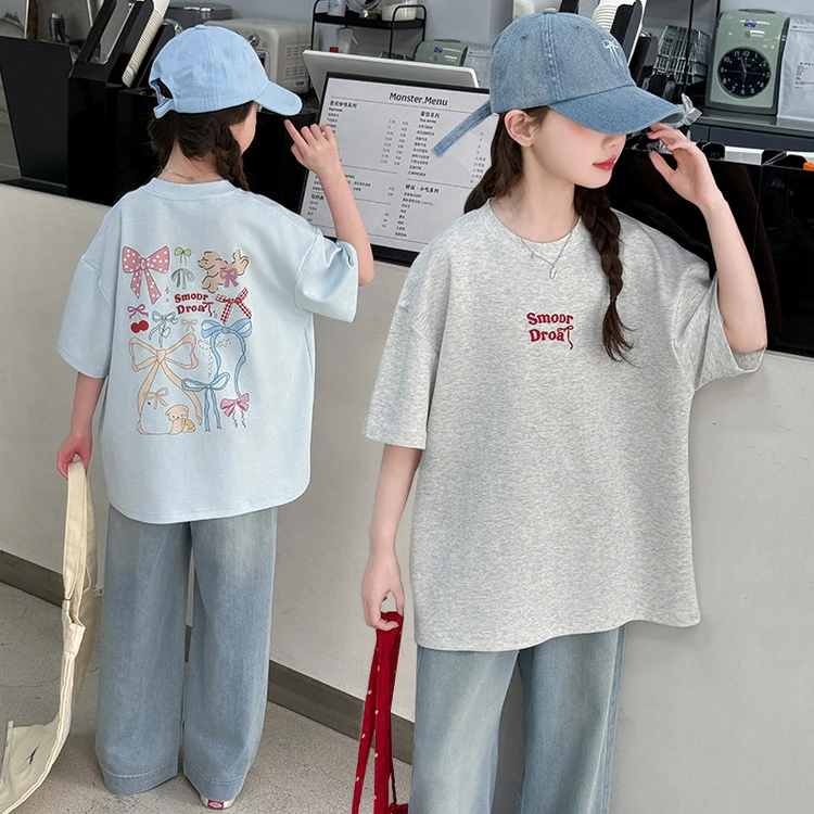 女童套装夏装2025新款儿童洋气时髦短袖T恤牛仔裤中大童两件套潮